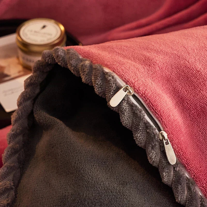 Stylish velvet fleece comforter set, plush and warm, enhancing your cozy bedroom decor.