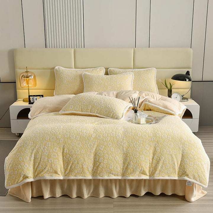 Soft velvet bedding set with intricate floral carving, enhancing bedroom aesthetics