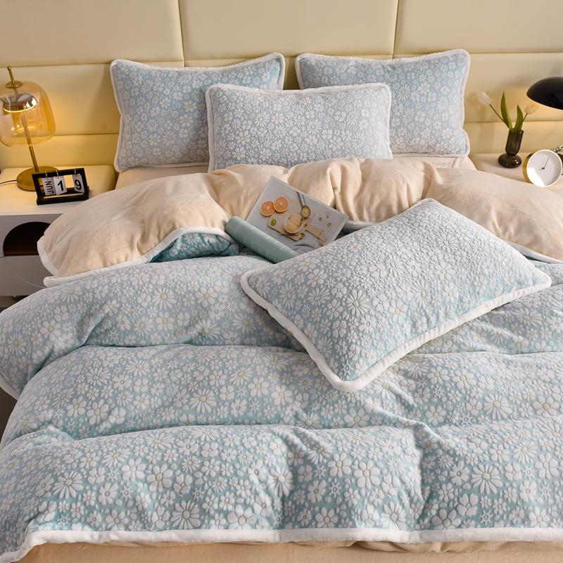 Velvet floral carved bedding display, showcasing its texture and rich design
