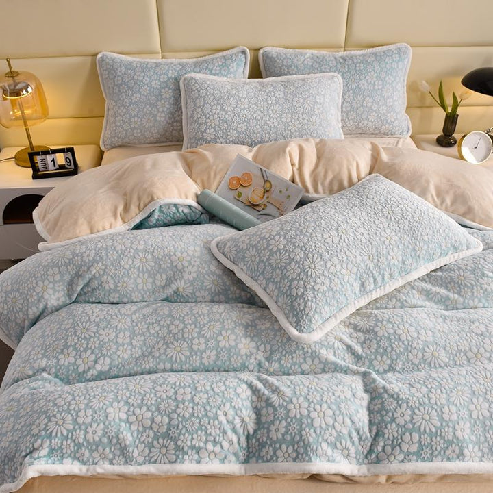 Velvet floral carved bedding display, showcasing its texture and rich design