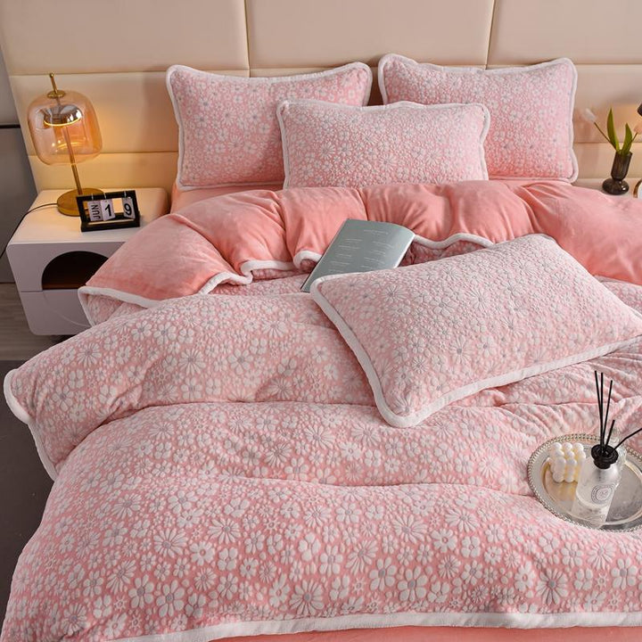 Bedroom featuring an opulent velvet floral carved bedding set, sophisticated and soft