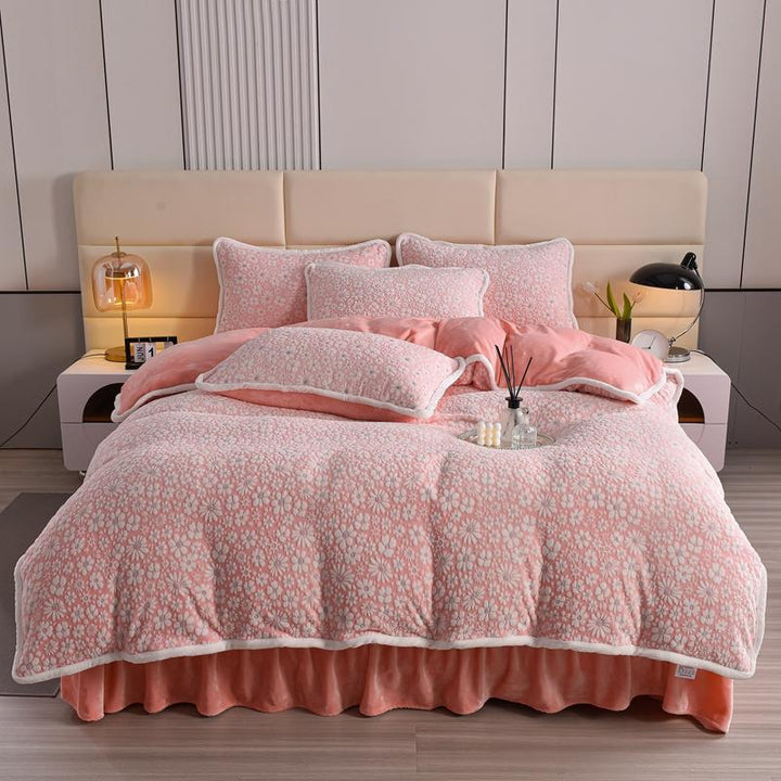 Luxury velvet bedding set with deep floral carvings, perfect for a refined bedroom style