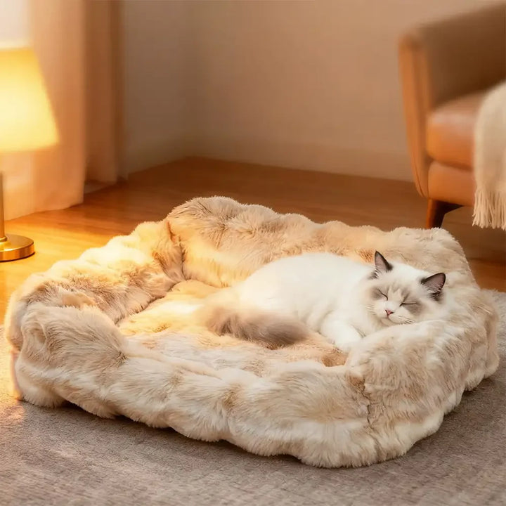 Plush velvet pet sofa bed for dogs and cats, soft and washable, in a cozy living room setting