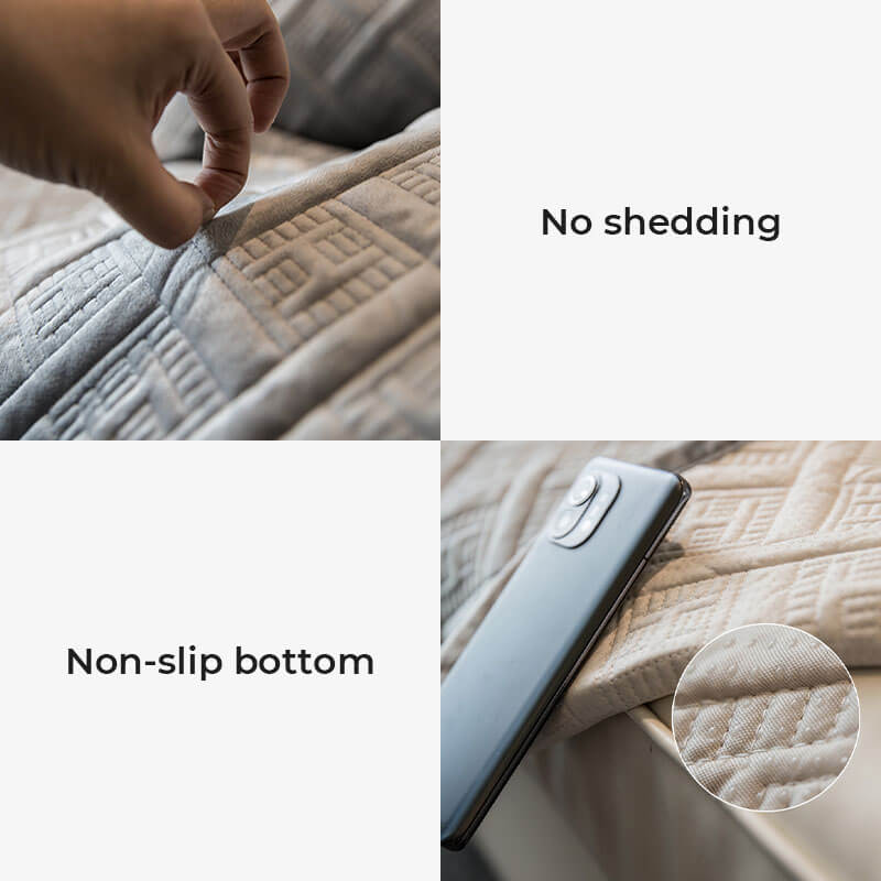 Scratch-resistant velvet couch cover in a neutral tone, displaying its soft texture and quilted stitching.