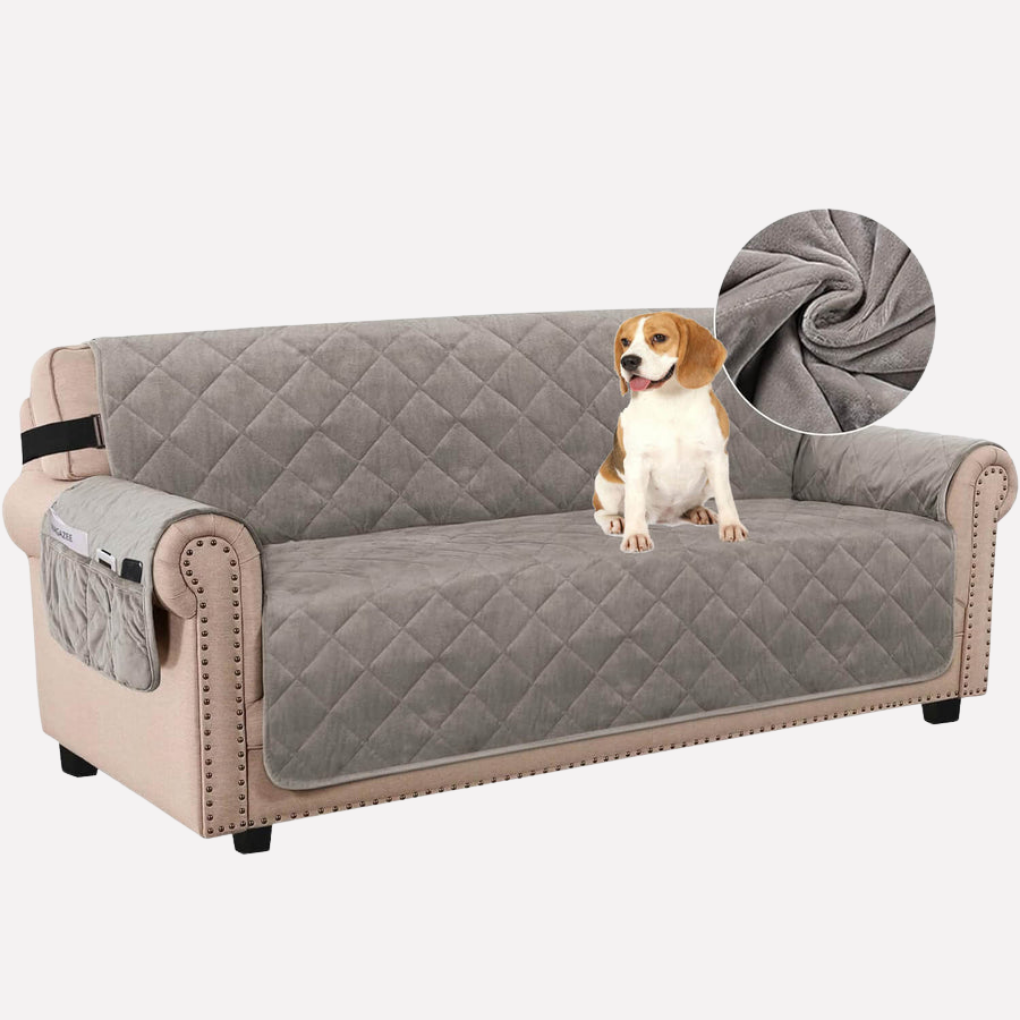Grey waterproof couch cover for a 3-seater sofa, demonstrating non-slip design and pet-friendly features.