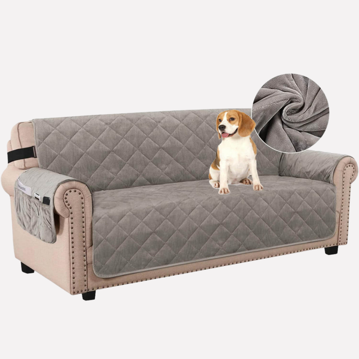 Grey waterproof couch cover for a 3-seater sofa, demonstrating non-slip design and pet-friendly features.