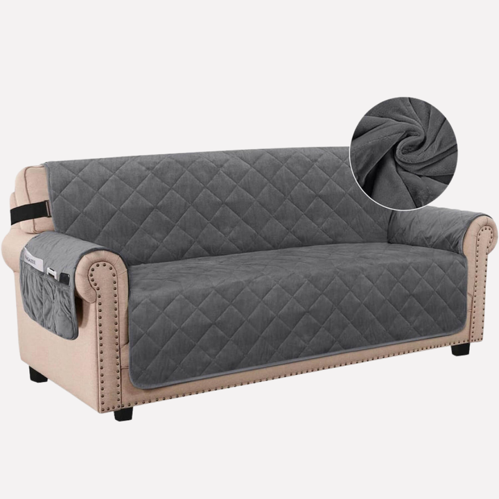 Unisex waterproof velvet sofa cover installed on a couch, highlighting its elegant home decor appeal.