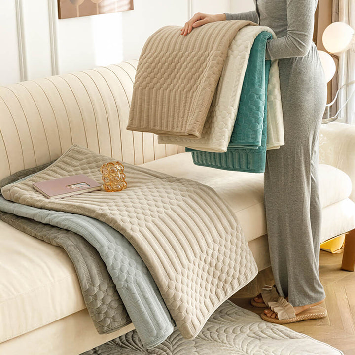 Detailed close-up of plush vintage non-slip couch cover fabric texture