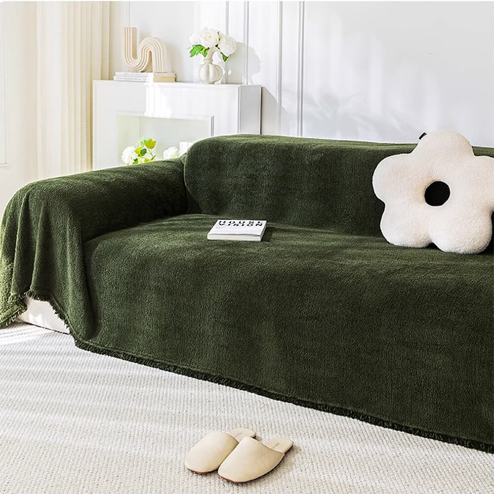 Plush water-resistant sofa protector in gray, soft polyester couch cover for furniture protection.