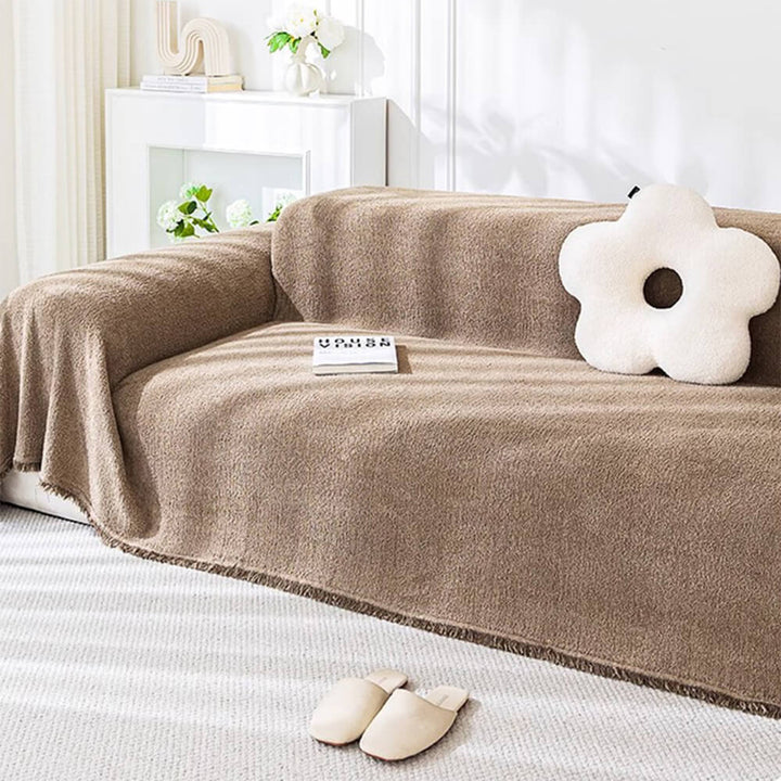 Beige plush water-resistant furniture sofa cover, perfect slipcover for pet-friendly home decor.
