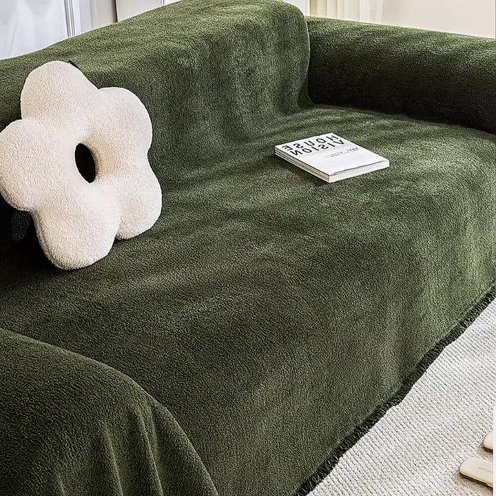 Close-up of plush texture on a water-resistant sofa cover, showcasing soft polyester fabric.