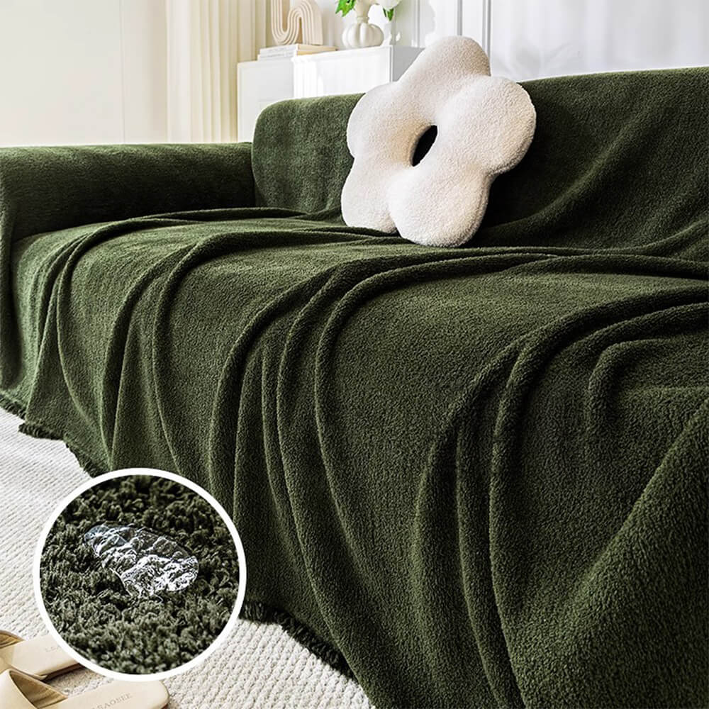 Living room scene with a neatly fitted plush water-resistant couch cover, protecting furniture.