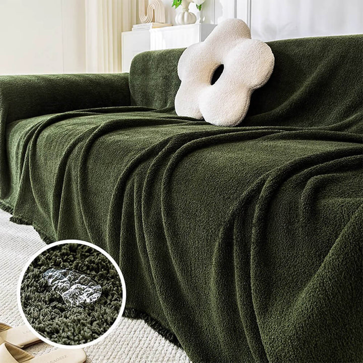 Living room scene with a neatly fitted plush water-resistant couch cover, protecting furniture.