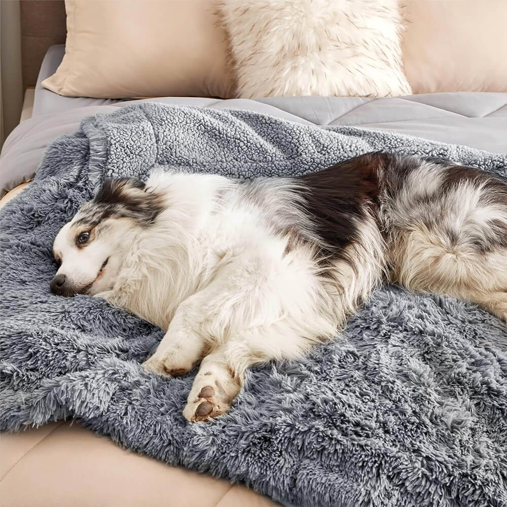 Soft pet throw blanket, gray, waterproof, draped over a dog bed, cozy and protective