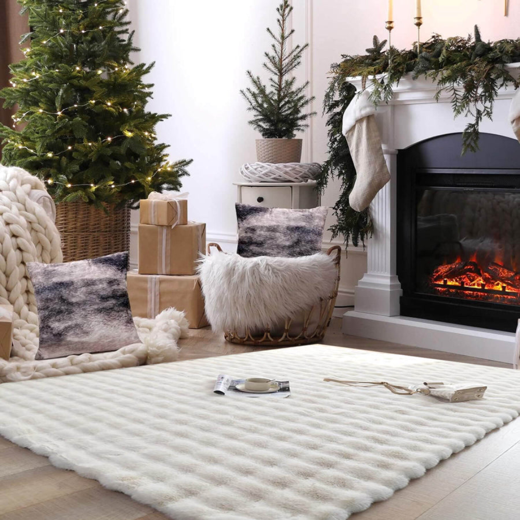 Plush white faux sheepskin area rug, shaggy and soft for living room home decor