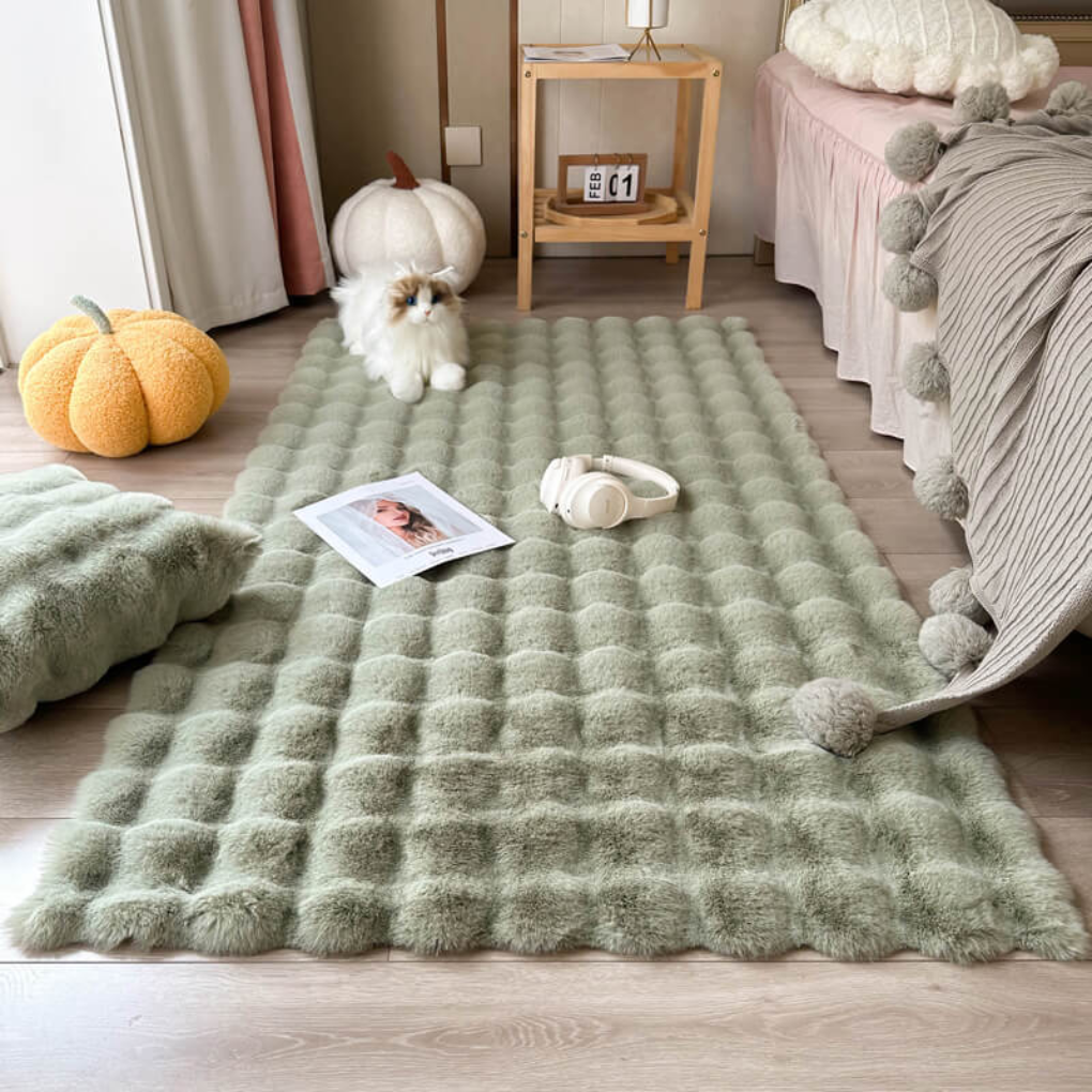 Thick faux sheepskin area rug, plush and shaggy, enhancing any home's comfort
