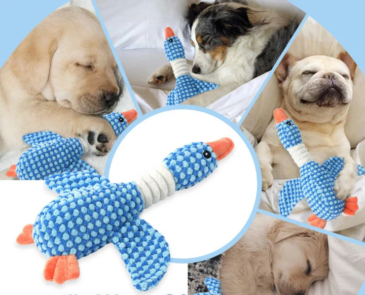 Cute yellow plush duck squeaker toy, an engaging pet accessory for dogs