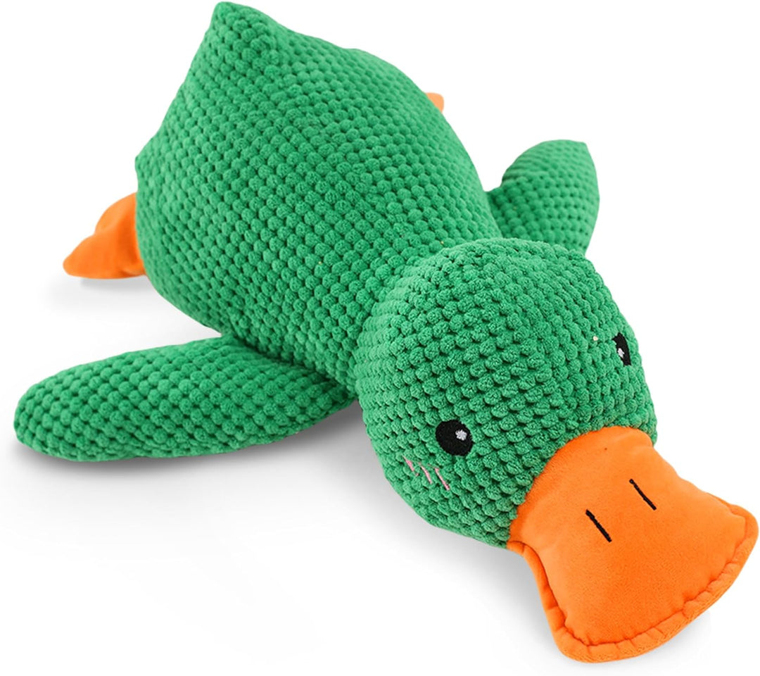 Comforting plush duck dog toy with stimulating sound, offering engaging and gentle play for stress reduction in pets.