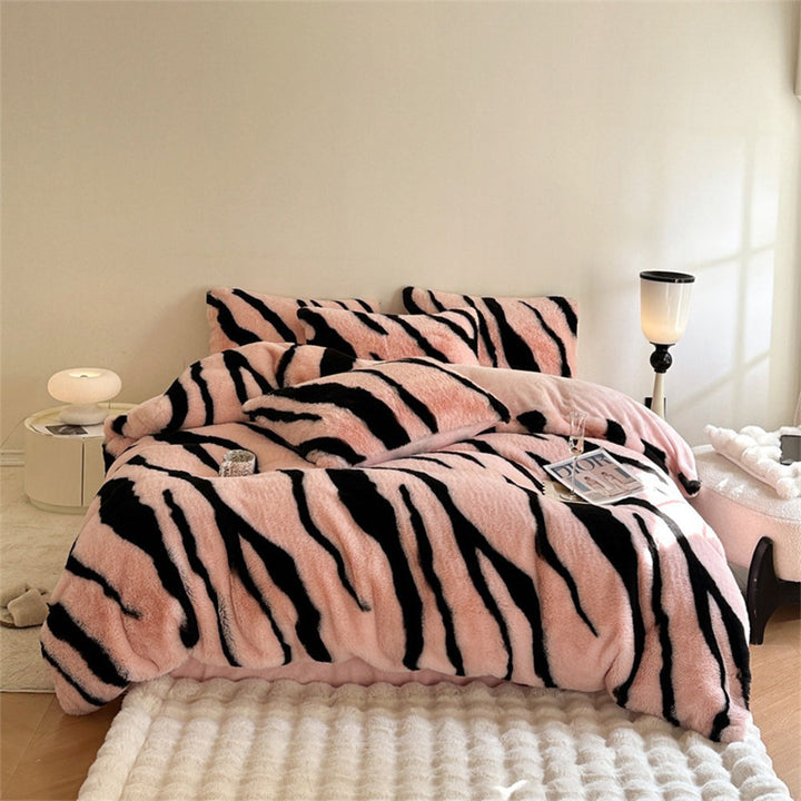 Close-up of soft zebra pattern fluffy faux fur bedding, perfect for a modern and stylish bedroom
