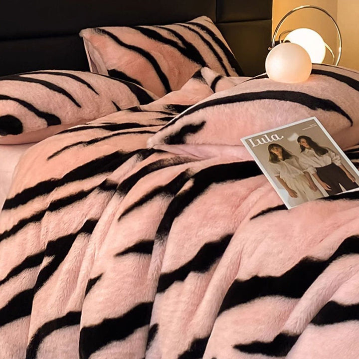 Detailed view of the texture of the zebra fluffy faux fur bedding, a must-have for luxury bedrooms