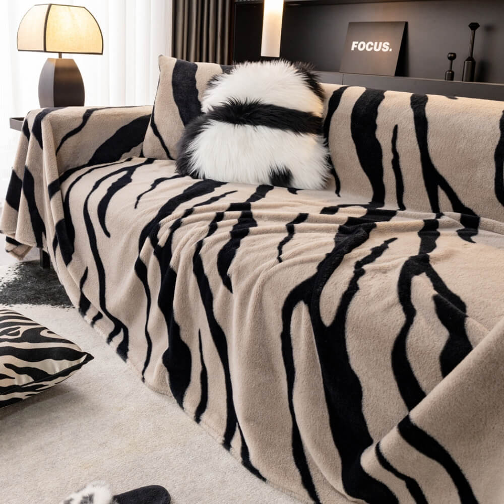 Textured plush zebra sofa cover, durable and pet-friendly for modern living rooms