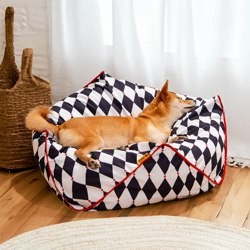 Polygonal bean bag dog bed, calming & cozy for pets, durable geometric design.