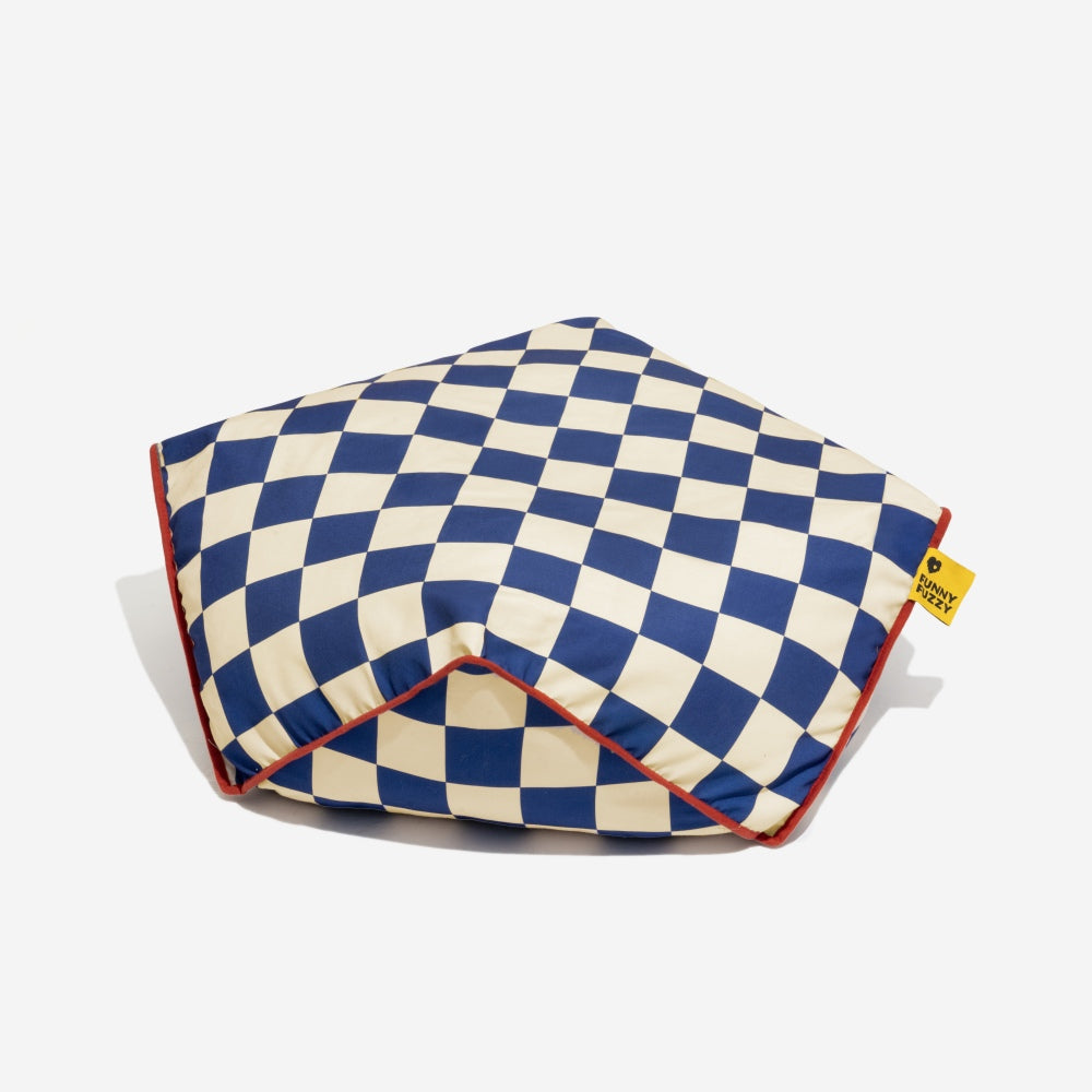 Polygonal pet bed, calming bean bag design for deep sleep, durable and cozy for all pets.
