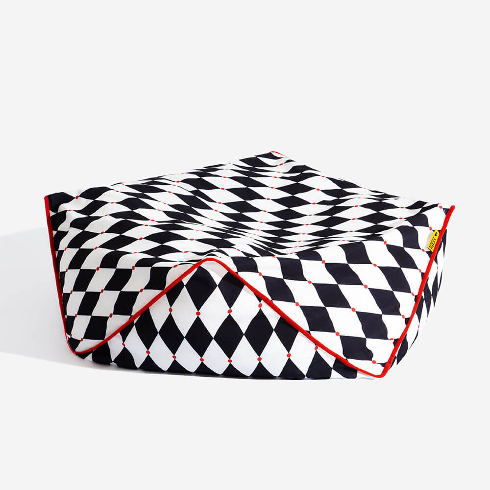 Bean bag dog bed, polygonal shape, offers calming comfort and durable support for pets.