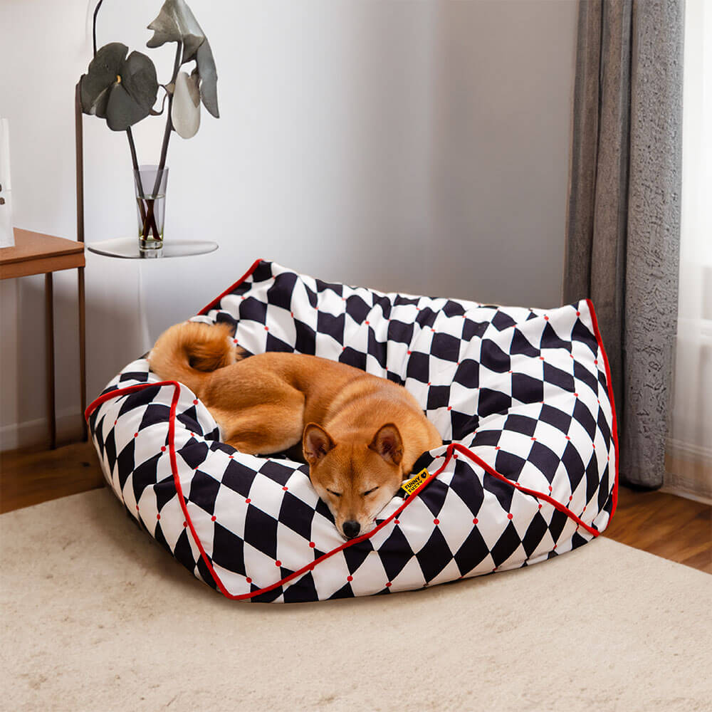 Durable polygonal dog bed, bean bag structure for calming comfort and support.