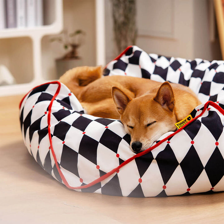 Calming polygonal pet bed, bean bag design, perfect for anxious dogs and cats.
