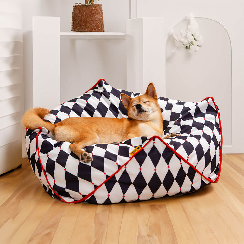 Soft polygonal dog bed, bean bag fill, offers a cozy and secure resting spot.