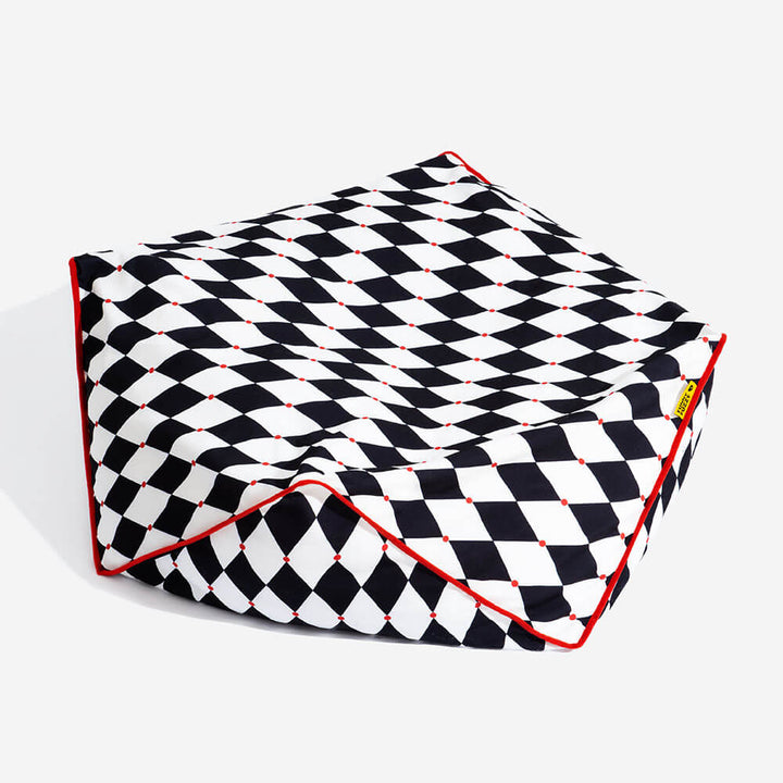Stylish geometric dog bed, bean bag comfort with durable pet-friendly materials.
