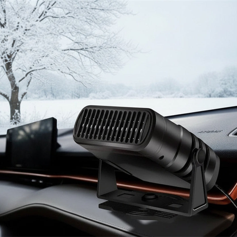 Portable 12V car heater and defroster, perfect for automotive winter warmth or summer fan use, plugs into cigarette lighter.
