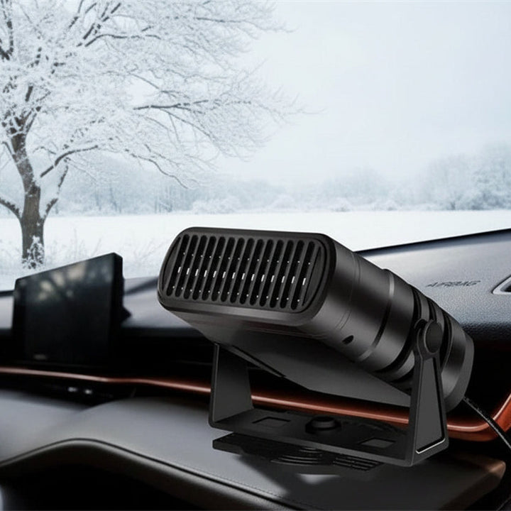 Portable 12V car heater and defroster, perfect for automotive winter warmth or summer fan use, plugs into cigarette lighter.