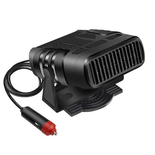 Compact 12V vehicle defroster and car heater, easily plugs into cigarette lighter for quick warmth and clear windows.