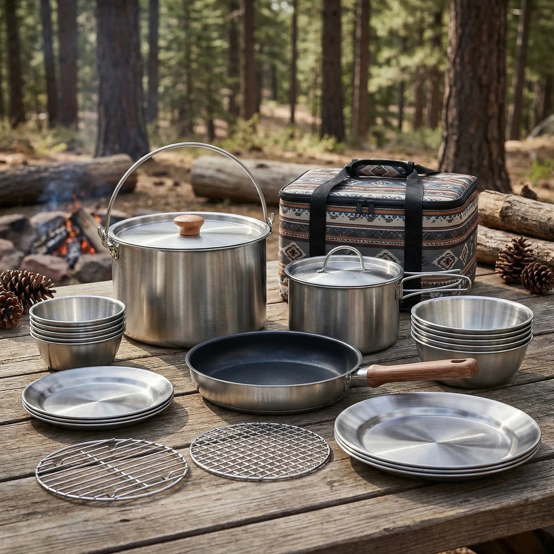 Portable 14-piece camping cookware set, stainless steel pots & pans for outdoor cooking & camp kitchen essentials.