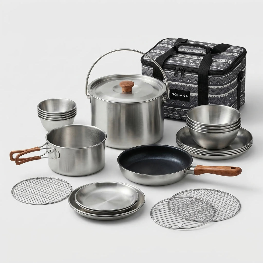 Full 22-piece stainless steel camping cookware set, ideal for outdoor cooking, hiking, and camp kitchen.