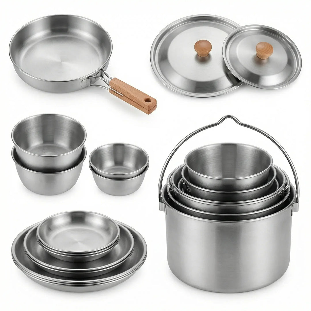 Durable stainless steel camping cookware set, perfect for outdoor cooking, hiking gear, and camp kitchen needs.
