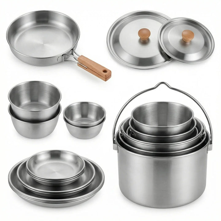 Durable stainless steel camping cookware set, perfect for outdoor cooking, hiking gear, and camp kitchen needs.