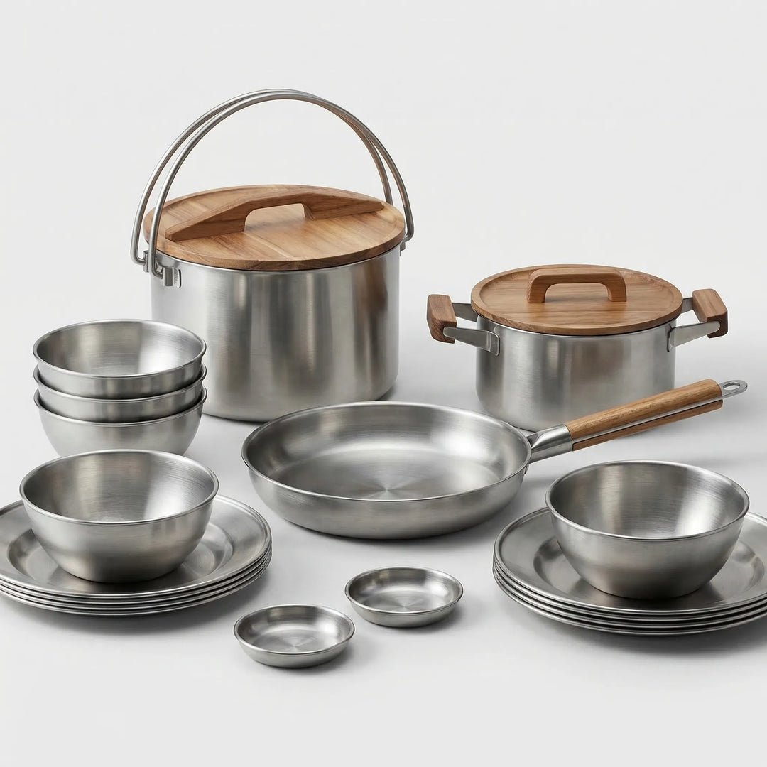Unisex outdoor camping cookware set, compact & portable for hikers, campers, and adventurers' kitchen.