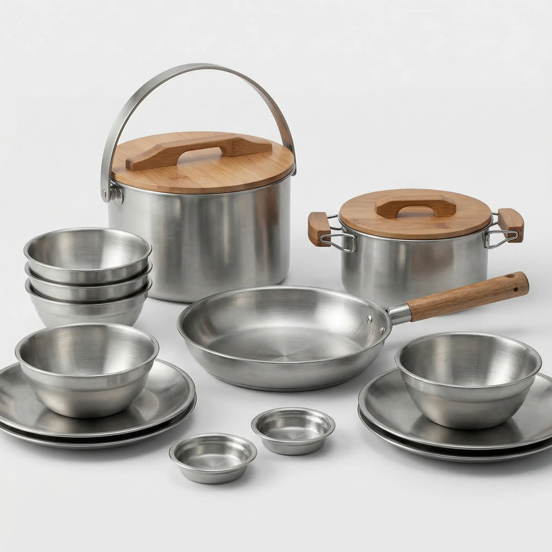 Versatile 14 & 22 piece camping cookware set, essential stainless steel pots & pans for outdoor adventures.