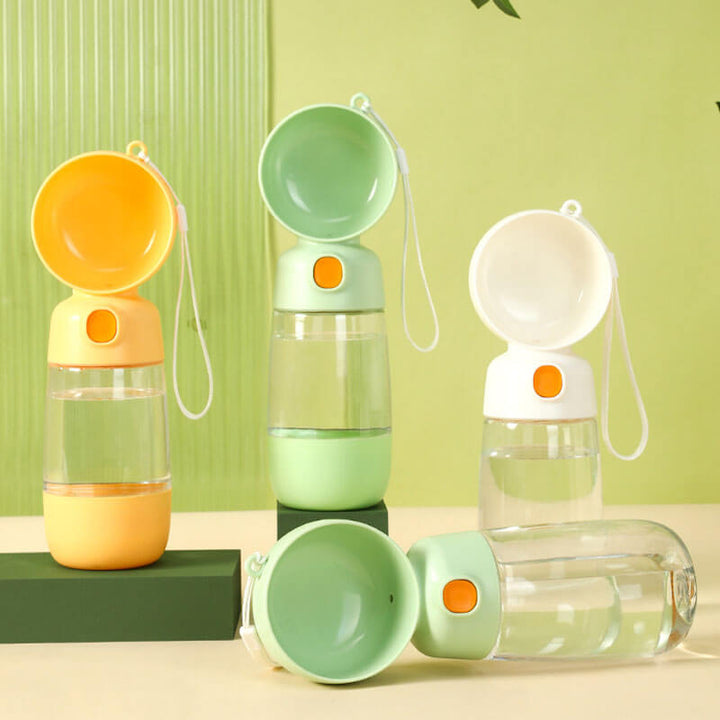 Portable 2-in-1 dog water and food bottle, ideal for pet hydration during travel and outdoor activities.
