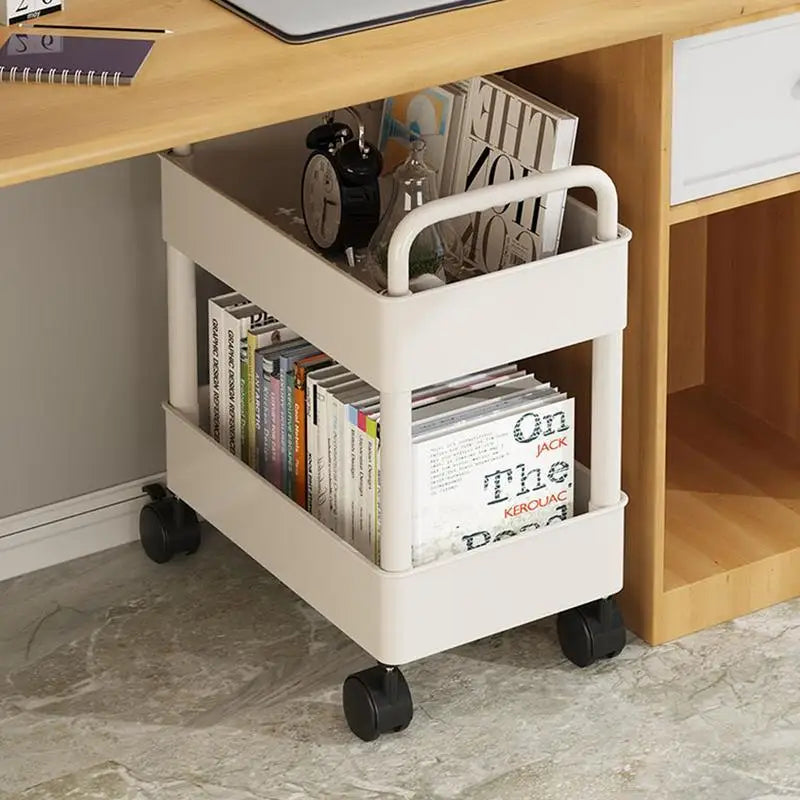 Portable 2-tier rolling bookshelf cart for home office. Mobile storage solution with wheels for books & supplies.