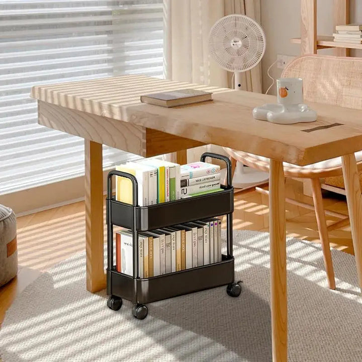 Versatile 2-tier rolling cart, perfect for home office, bedroom, or living room. Space-saving mobile book storage.