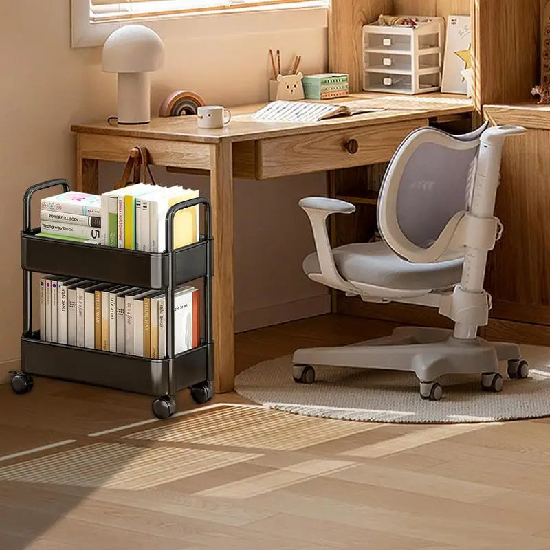 Home office 2-tier rolling bookshelf cart with pen holder. Efficient mobile storage for study & organization.