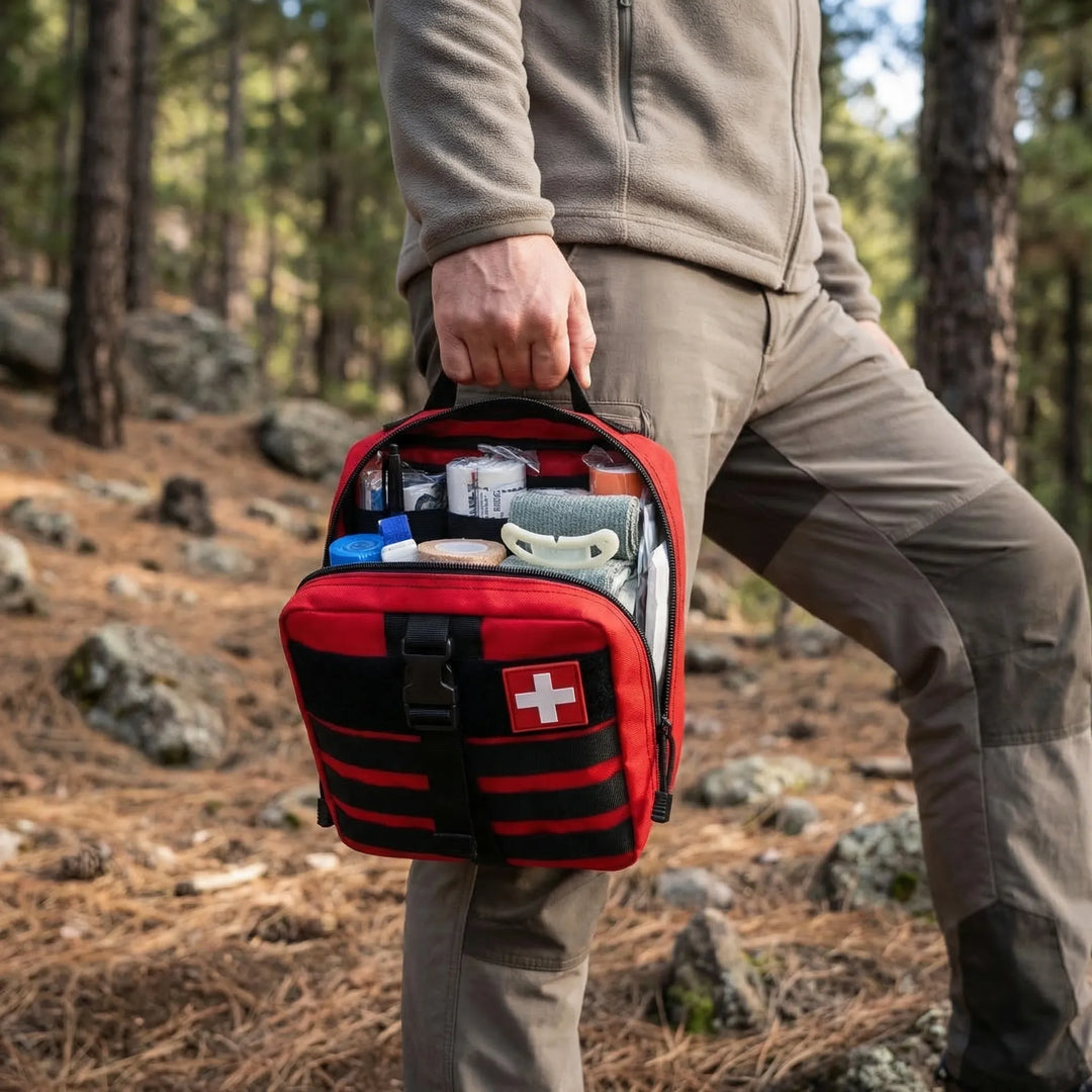 Portable 379-piece first aid kit for emergencies, travel, outdoor survival, and home safety.