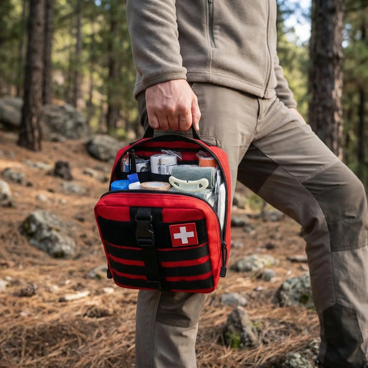 Portable 379-piece first aid kit for emergencies, travel, outdoor survival, and home safety.