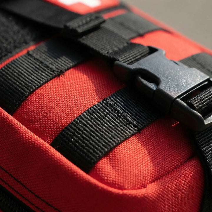 Compact first aid emergency kit for outdoor adventures, travel, camping, and survival preparedness.