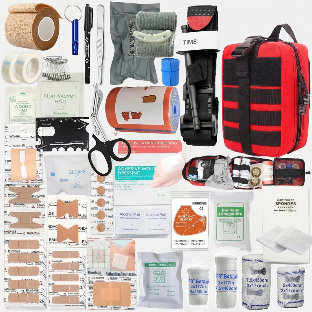 Unisex portable first aid kit, 379 essential items for medical emergencies, travel, and home use.
