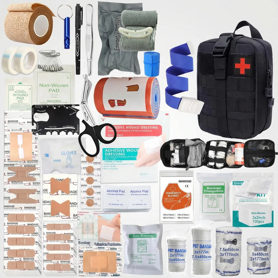 Essential 379-piece first aid & survival kit for all emergencies: outdoor, travel, home, and car safety.